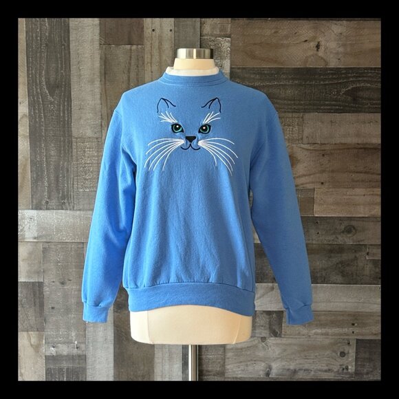 Vintage embroidered cat face sweatshirt medium rhinestones softgirl retro preppy - Picture 1 of 9